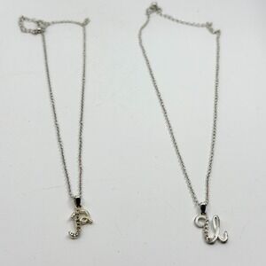 Silver Tone Initial P & U Pendant Necklace Set Rhinestone Embellish Letter Charm